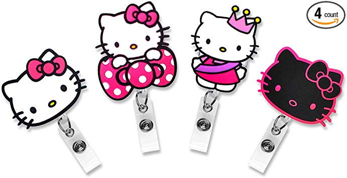 Finex Set of 4 Hello Kitty Badge ID Clip Reel Retractable Holder Office  Work Nurse Name Badge Tag Clip On Card Holders Cute.