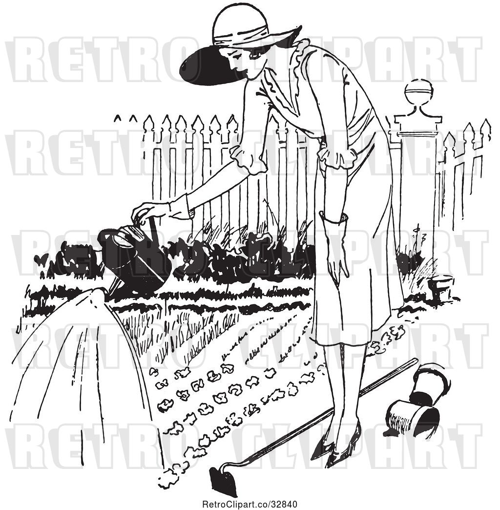 Vector Clip Art of Retro Lady Watering a Garden by Picsburg.