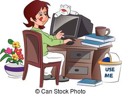 Clipart Vector of Young Woman Working from Home, illustration.