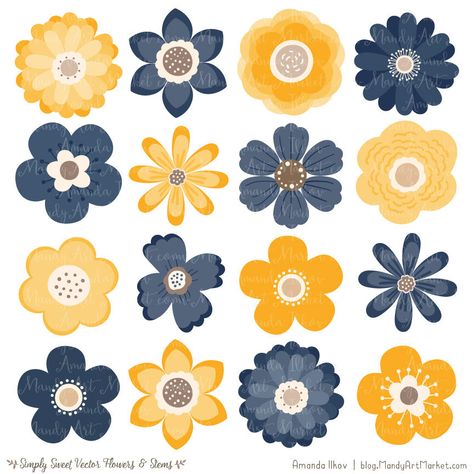 Cute Flowers Clipart in Navy & Lemon.