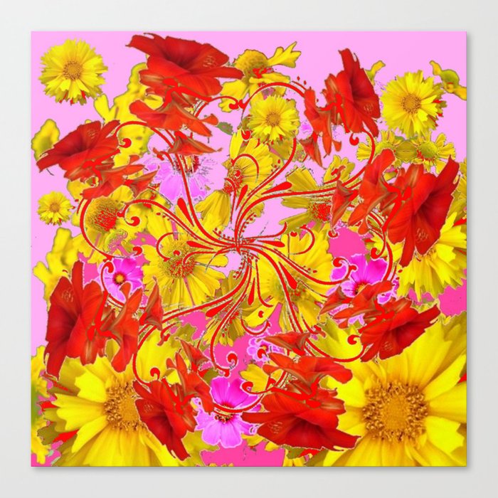 AWESOME RED AMARYLLIS & YELLOW COREOPSIS RED ABSTRACT GARDEN Canvas Print  by sharlesart.