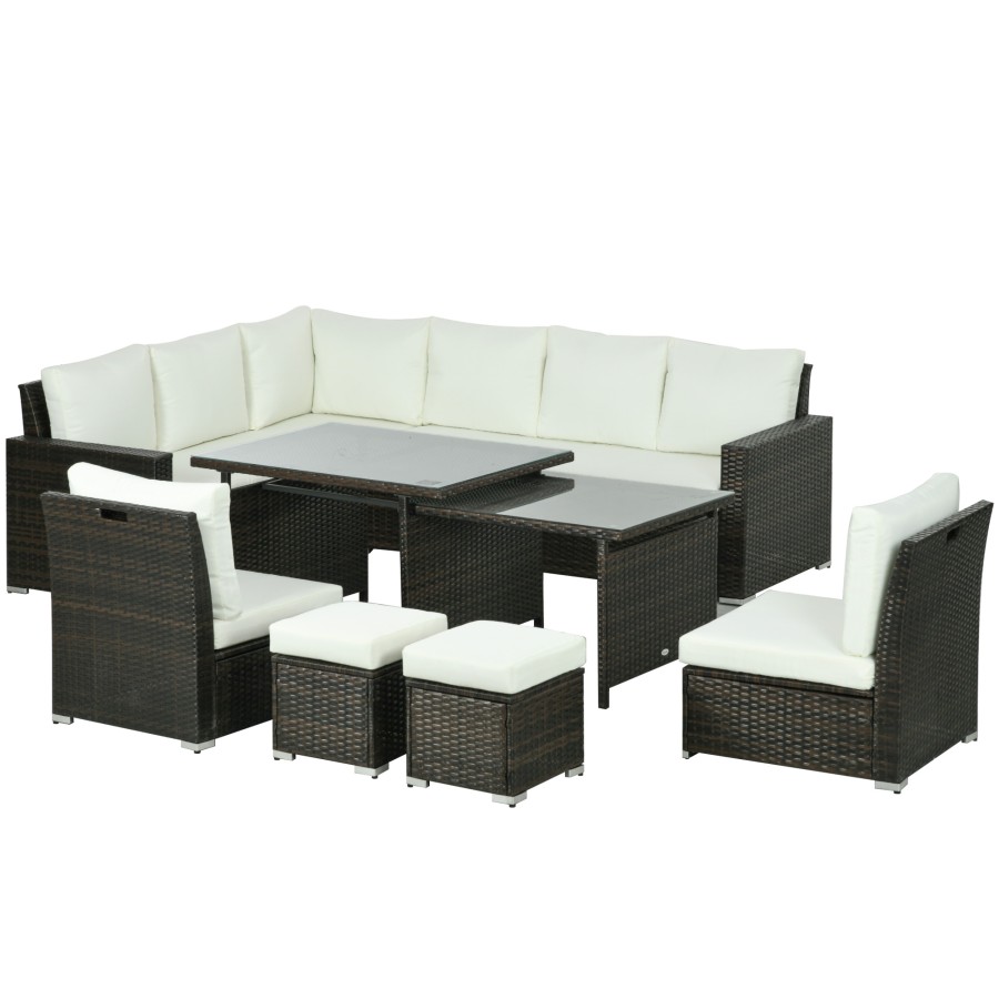 Outsunny 10-Seater Sofa Sectional w/ Cushioned Seat, Footstools and Glass Table