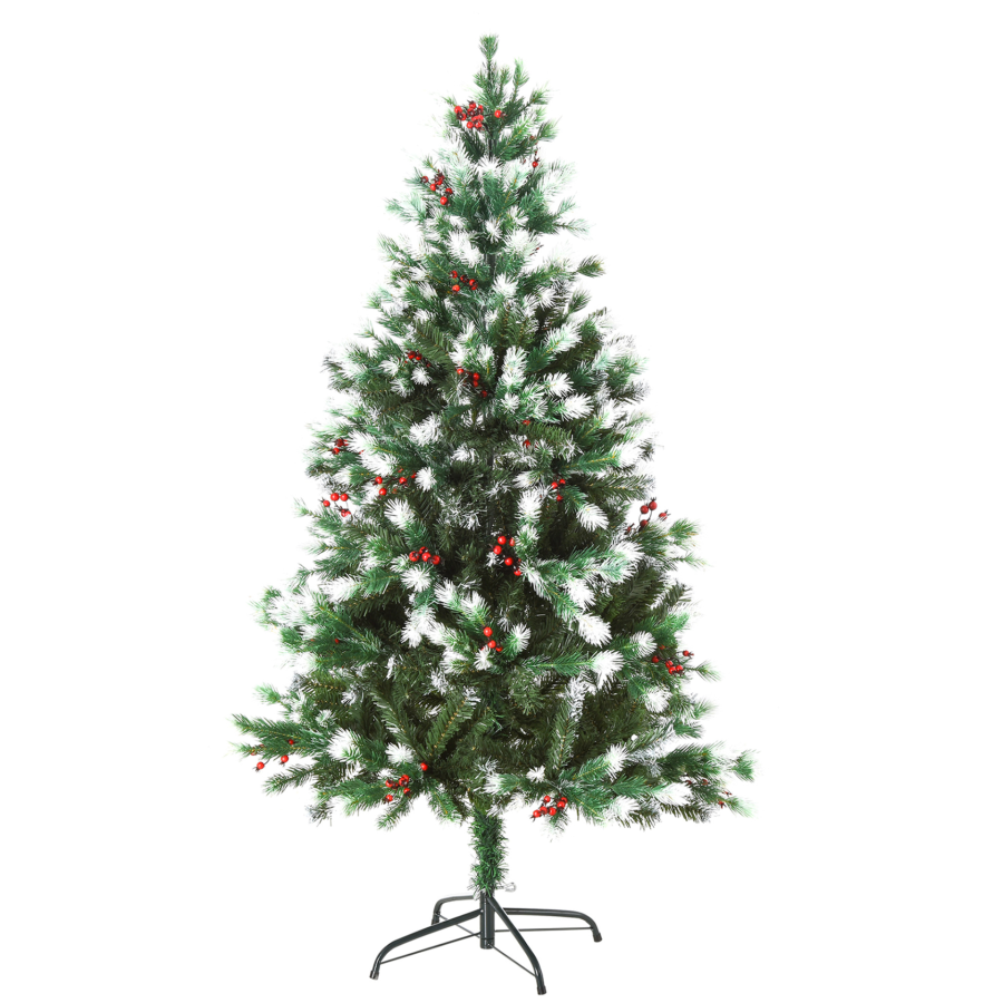 HOMCOM 5ft Snow-Dipped Artificial Christmas Tree w/ Red Berries Metal Base Home Season Decoration Holiday Elegant Traditional