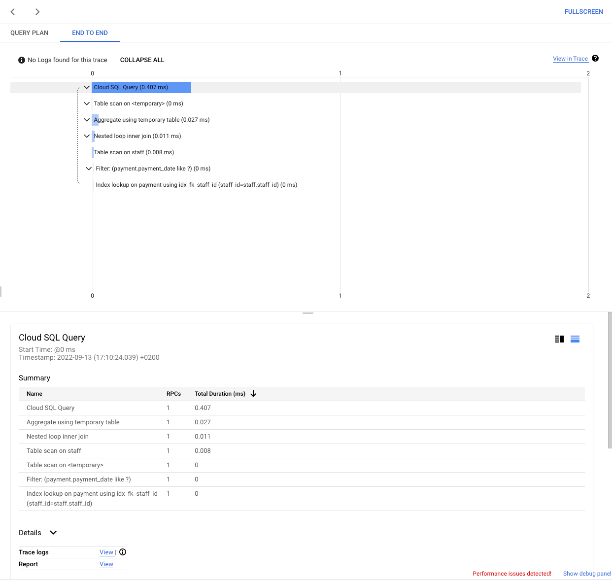 Select an End-to-end tag to view specific information
         about the tag. The Summary shows the RPCs and Total Duration in ms for
         each operation for that tag.