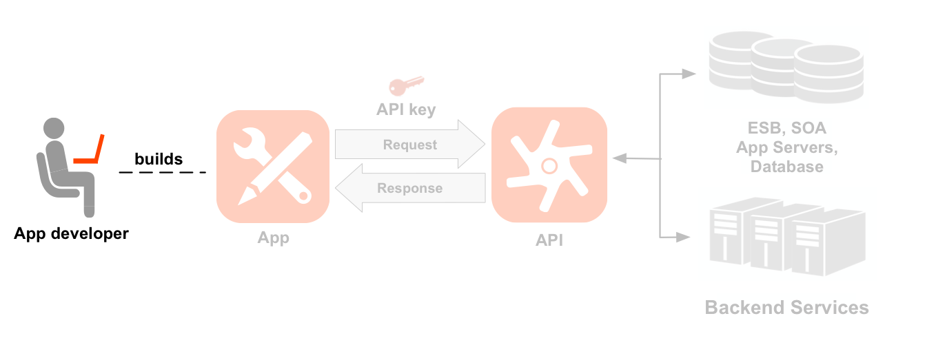 Un diagramma di sequenza da sinistra a destra che mostra uno sviluppatore, un&#39;app, le API
    e servizi di backend. È evidenziata l&#39;icona sviluppatore. Una linea tratteggiata punta dal
    lo sviluppatore ha evidenziato l&#39;icona di un&#39;app creata dallo sviluppatore. Le frecce che vanno e vengono dall&#39;app mostrano il flusso di richiesta e risposta a un&#39;icona dell&#39;API, con una chiave dell&#39;app posizionata sopra la richiesta. Sotto l&#39;icona dell&#39;API ci sono due set
    di percorsi di risorse raggruppati in due prodotti API: prodotto Location e prodotto Media.
    Il prodotto Location dispone di risorse per /countries, /cities e /languages, nonché per i media
    Il prodotto dispone di risorse per /books, /magazines e /movies. A destra dell&#39;API sono riportate le risorse di backend chiamate dall&#39;API, tra cui un database, un bus di servizio aziendale, server di app e un backend generico.