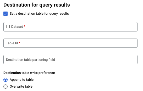 New scheduled query destination.