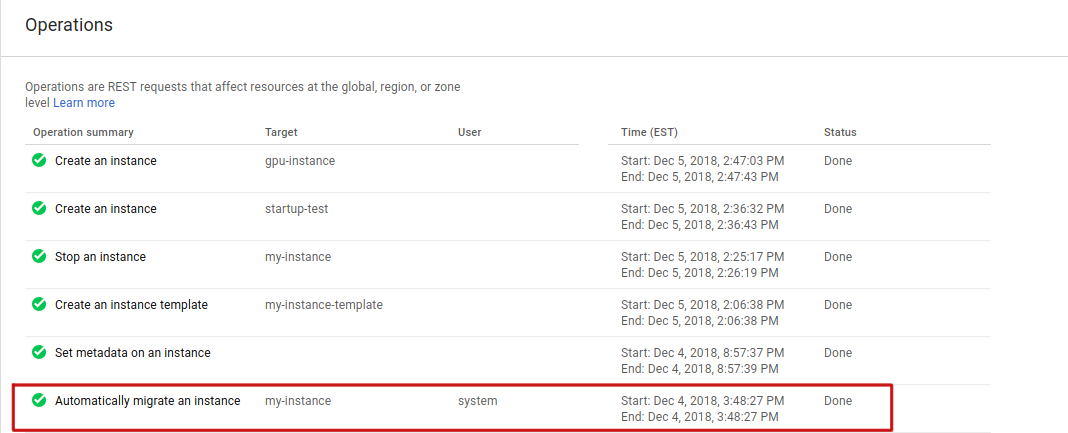 The operations page showing a live migration.