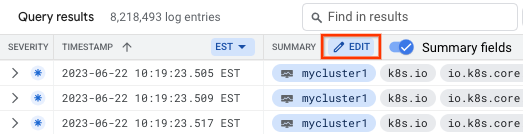 The query results pane shows the button for editing summary fields.