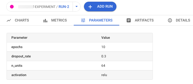 Vertex AI experiment run parameters