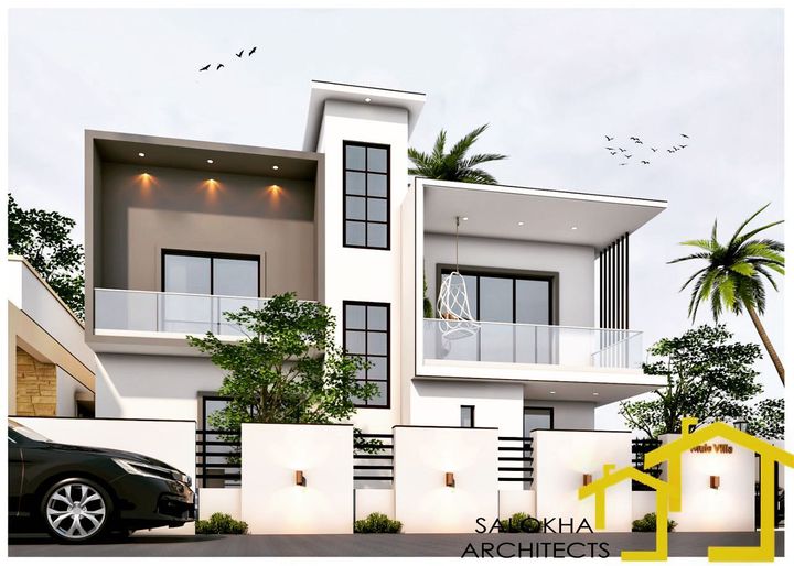 Modern 2 Floored House with a White and Grey Exterior Featuring