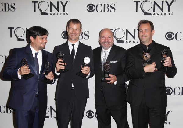 Robert Lopez, Matt Stone, Casey Nicholaw & Trey Parker in the Press Room at The 65th  Photo