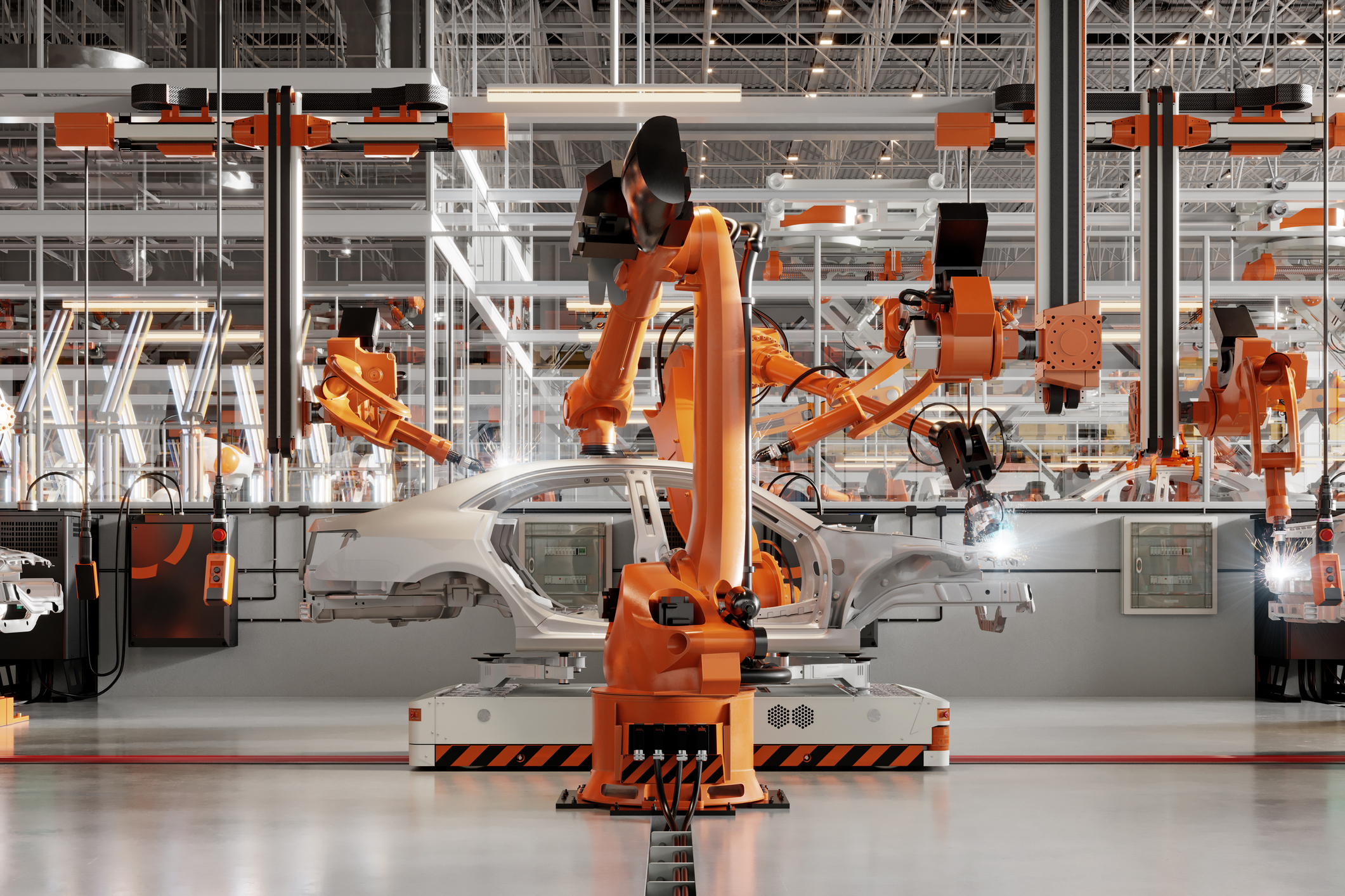 3d render of automatic car production line with robotic arms welding parts