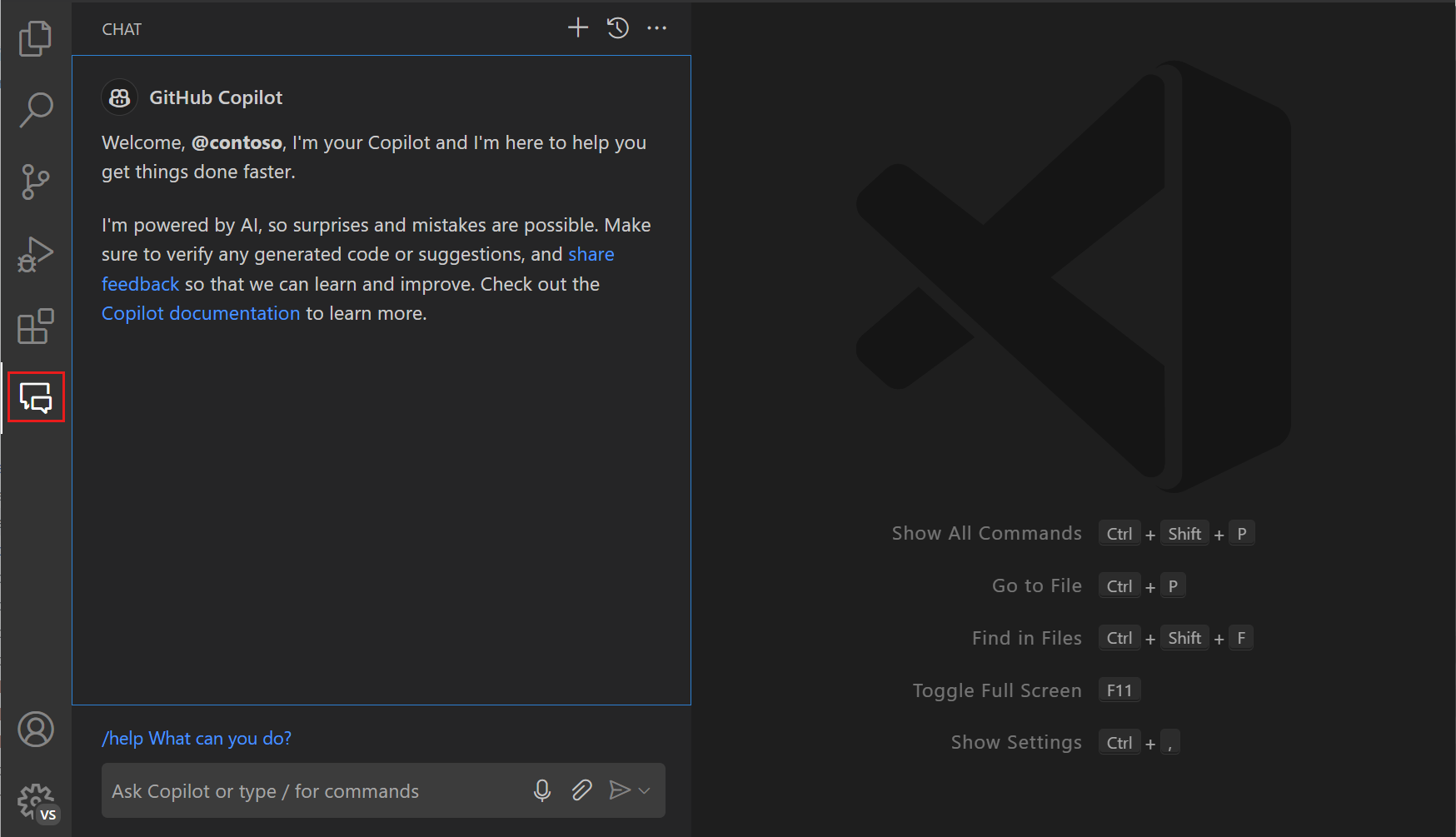 Screenshot of VS Code editor, showing the Copilot Chat view, highlighting the chat control in the Activity bar.