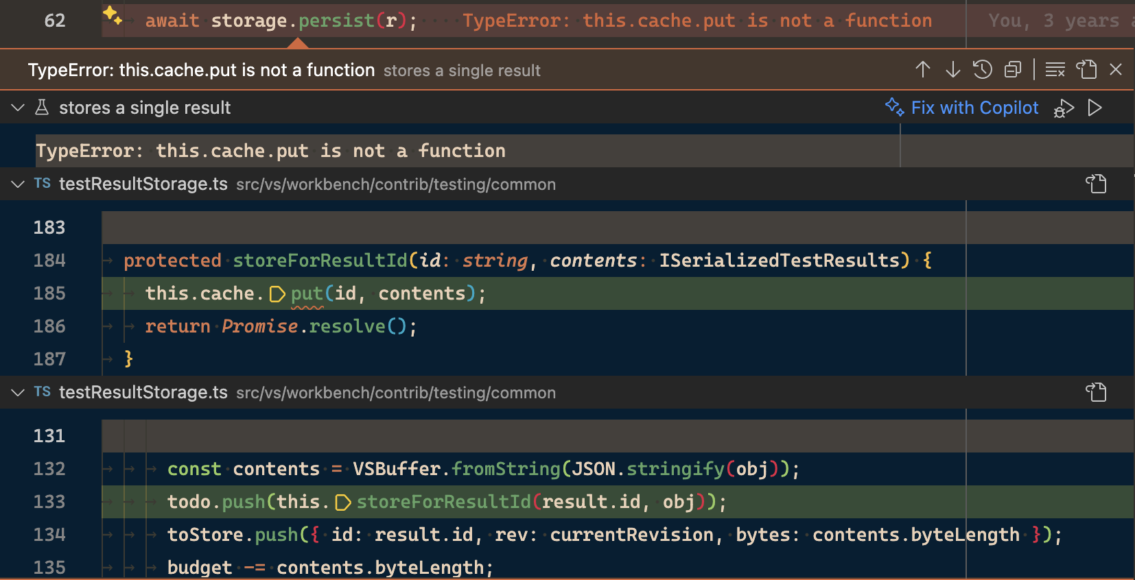 Editor showing a test failure message and the corresponding call stack that led to the failure.