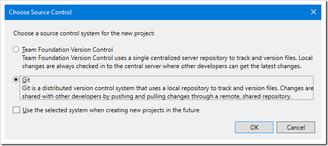 Selecting Git for the source control.