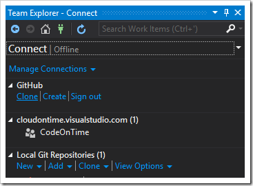 Connect pane in Team Explorer.