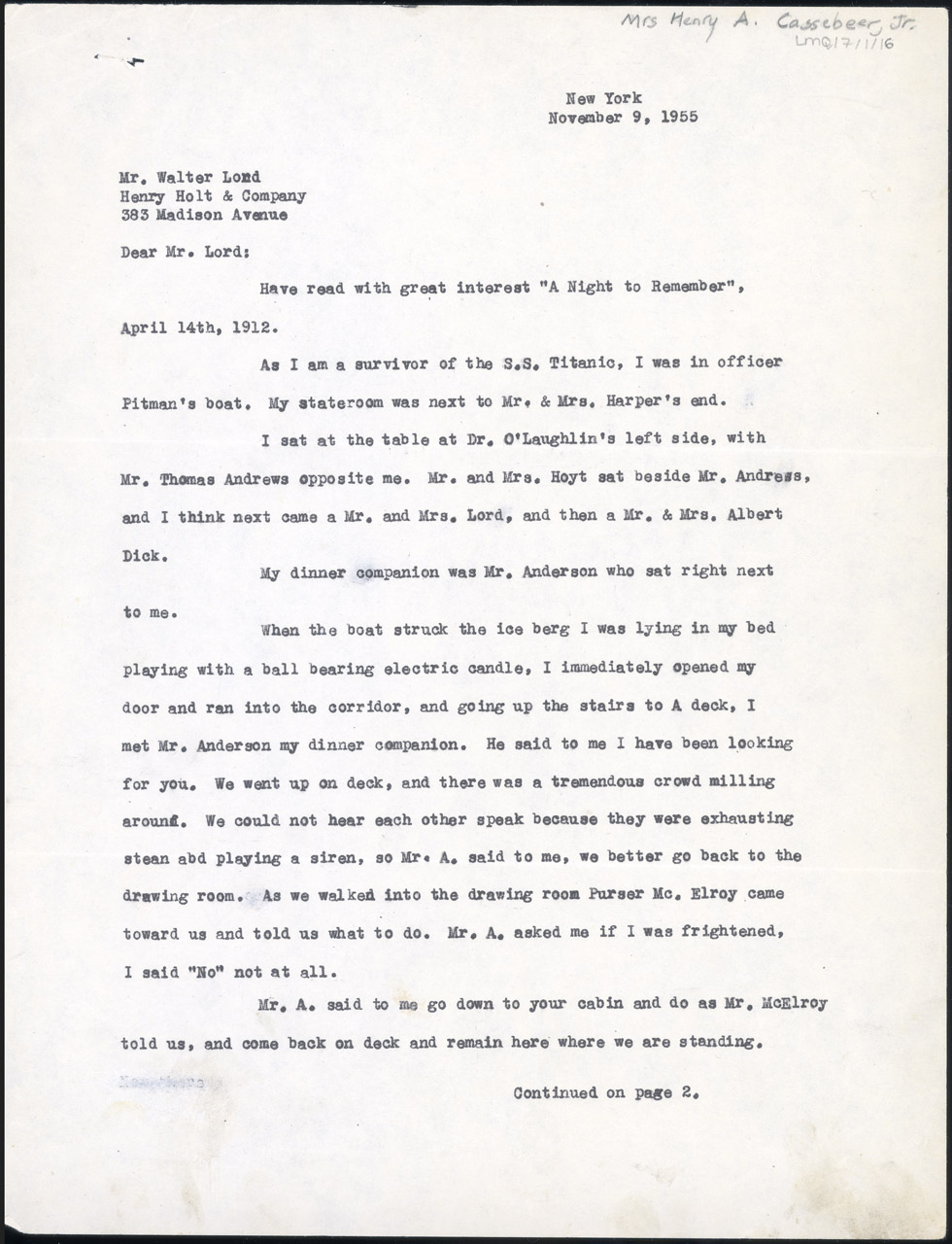 Letter from Mrs Henry Arthur Cassebeer, Jr., TITANIC survivor. | Royal  Museums Greenwich