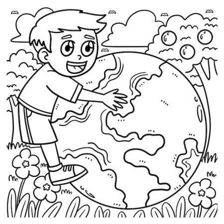 Premium Vector | Earth day child embracing earth coloring page