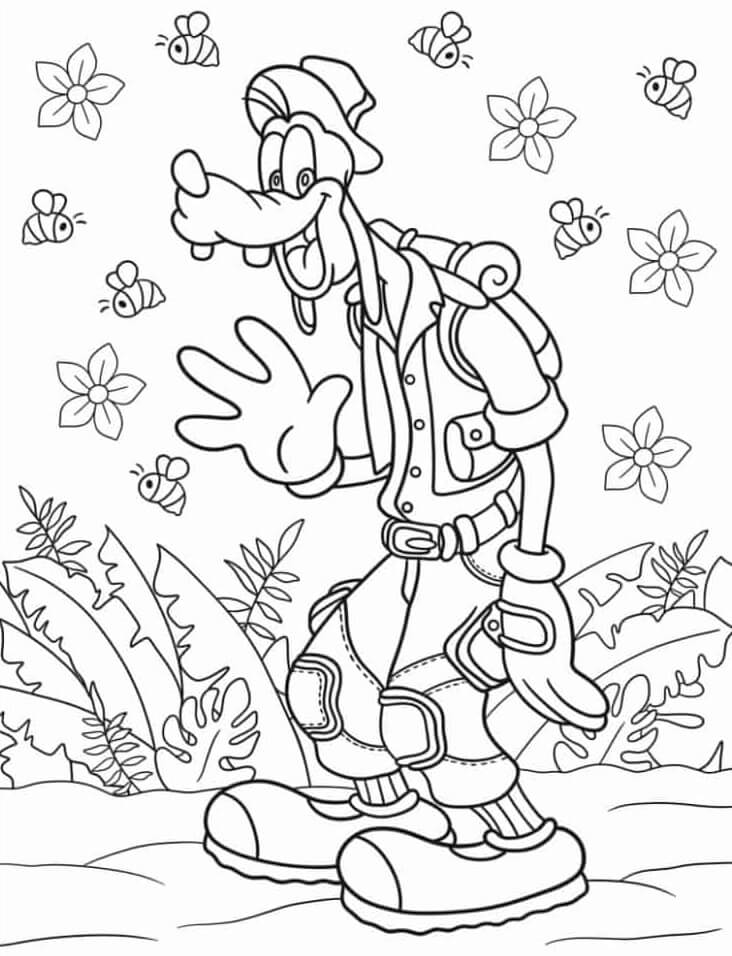 Goofy With Bees And Flowers coloring page