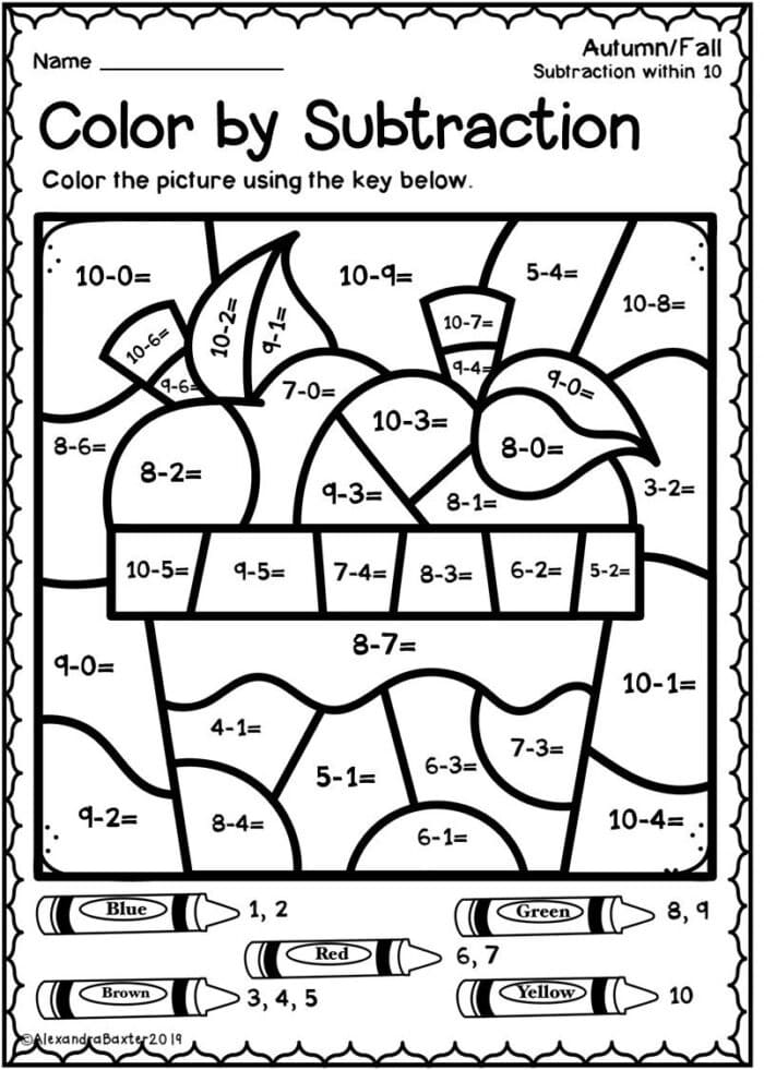 Color By Number Subtraction Coloring Pages