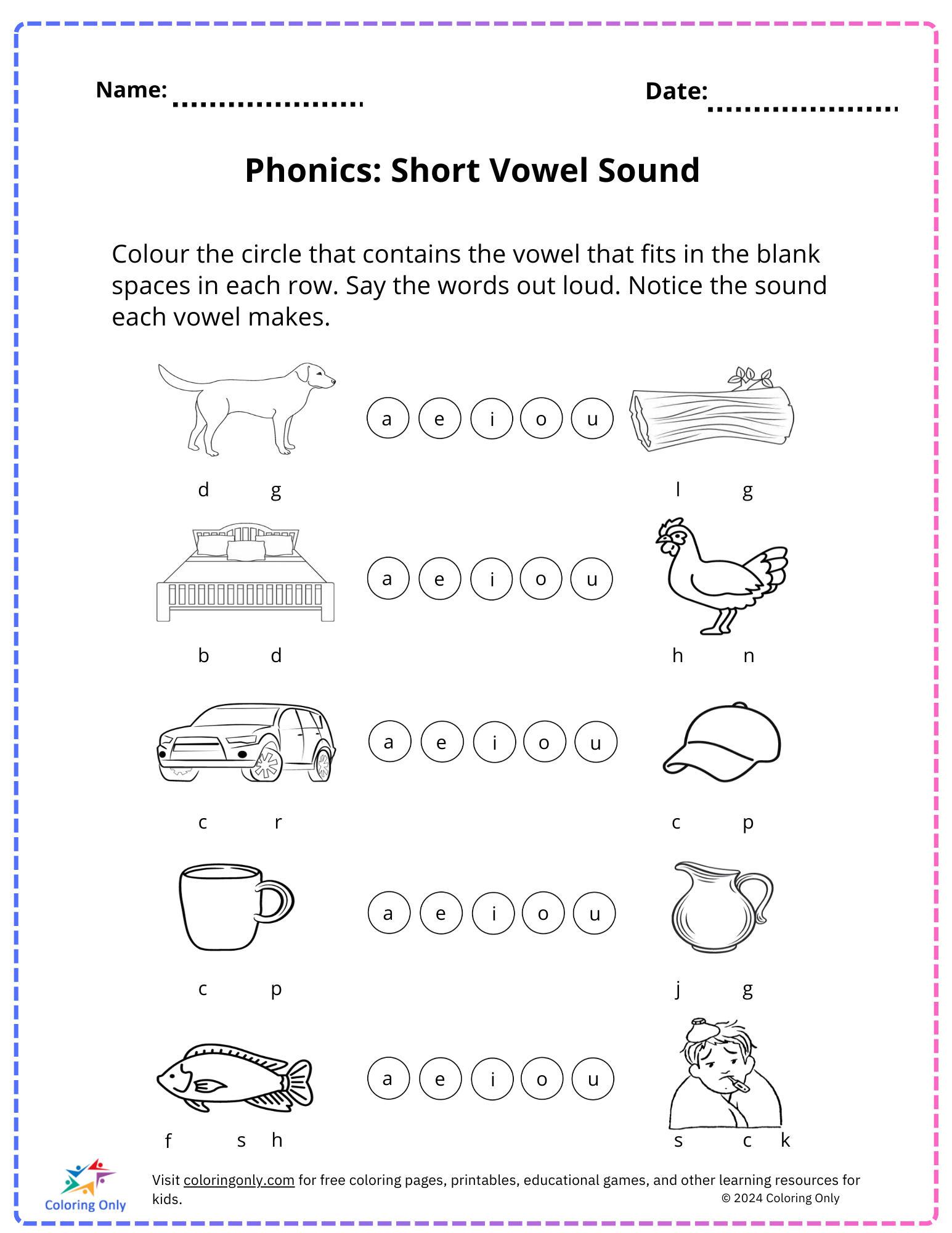 Phonics: Short Vowel Sound Free Printable Worksheet