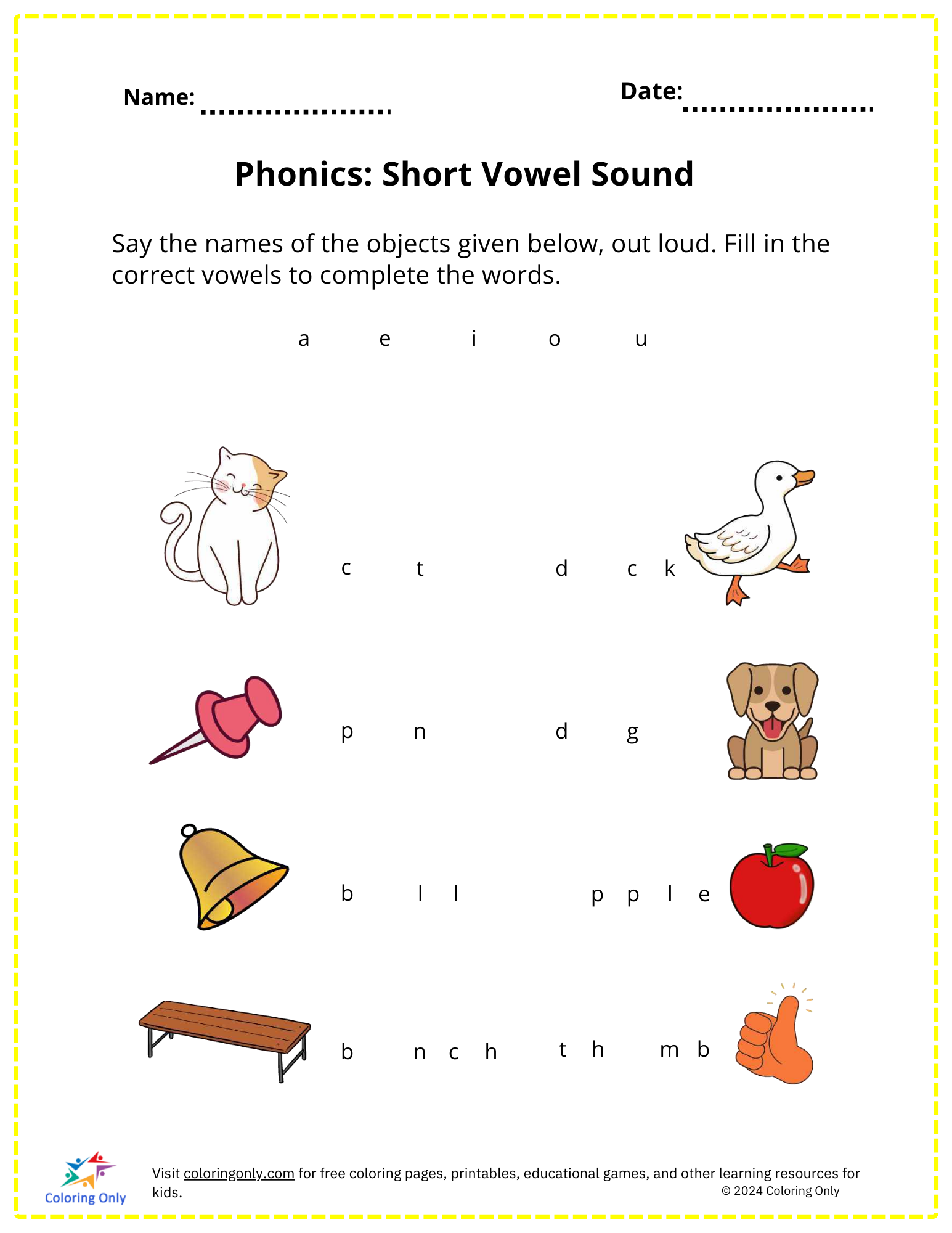 Phonics: Short Vowel Sound Free Printable Worksheet