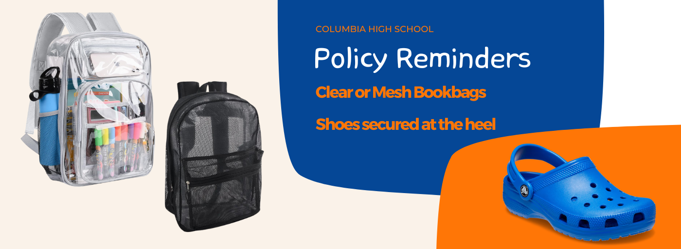 Clear or Mesh Bookbags; shoes secured at the heel