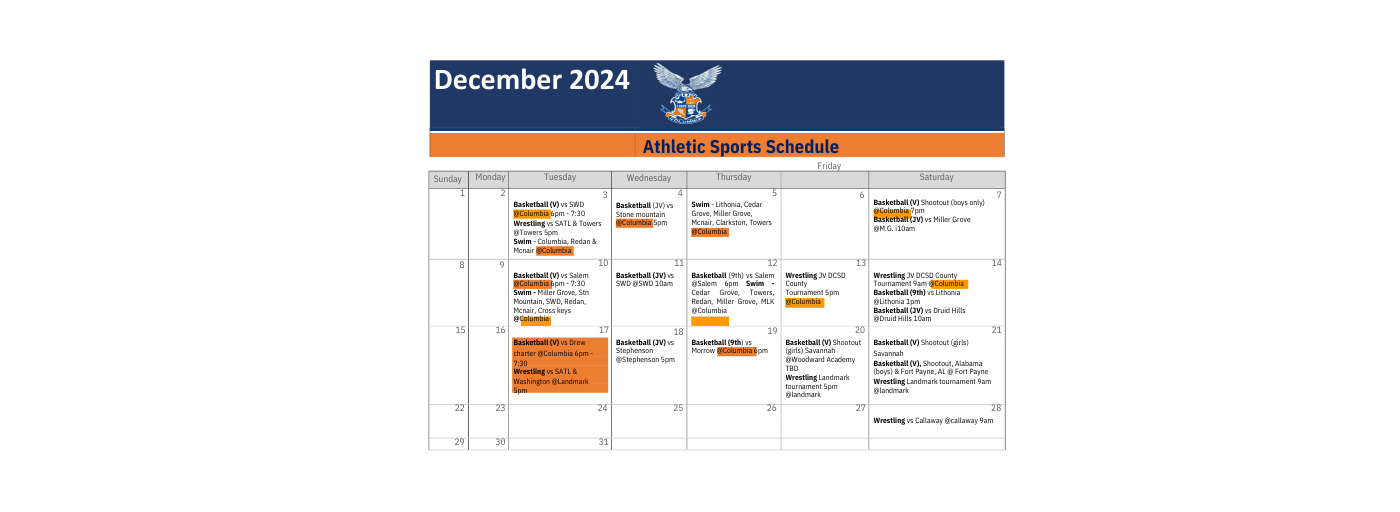 Columbia Athletics December Calendar