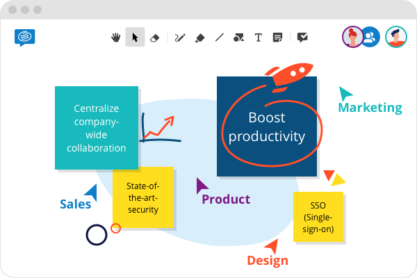 representation of the conceptboard online white board wehre there are some cursors hovering over some sticky notes