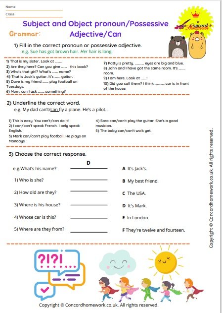 Subject and Object pronoun Possessive Adjective Can free printable ESL ...