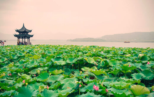 Zhejiang o la seda: Pabellón en el lago del Oeste de Hangzhou. Foto: 123Rf.