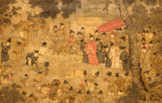 El emperador Suzong dando la bienvenida al anterior emperador Xuanzong en el puesto de Wanxian, cerca de la capital Chang'an. Fragmento del cuadro. Museo de Shanghái. Wikimedia commons, dominio público para Tang Suzong.