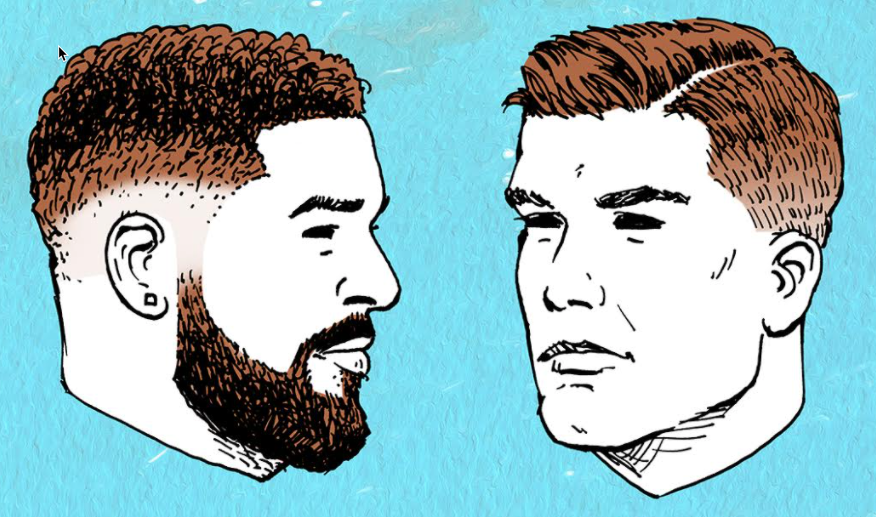 Two men with beards facing each other, showcasing trendy men's hairstyles.