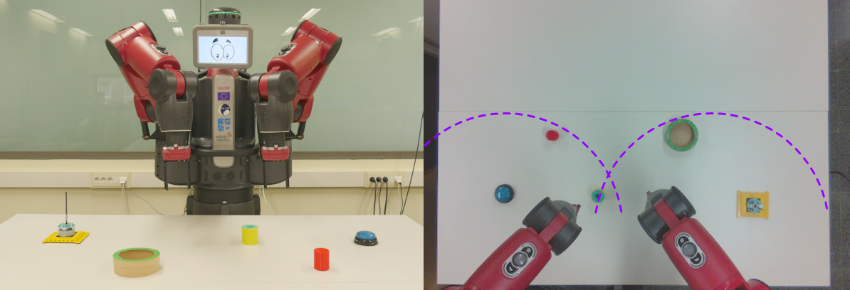 Scenario (left) and reachable areas (right). The dashed lines display the reachable area for each arm.