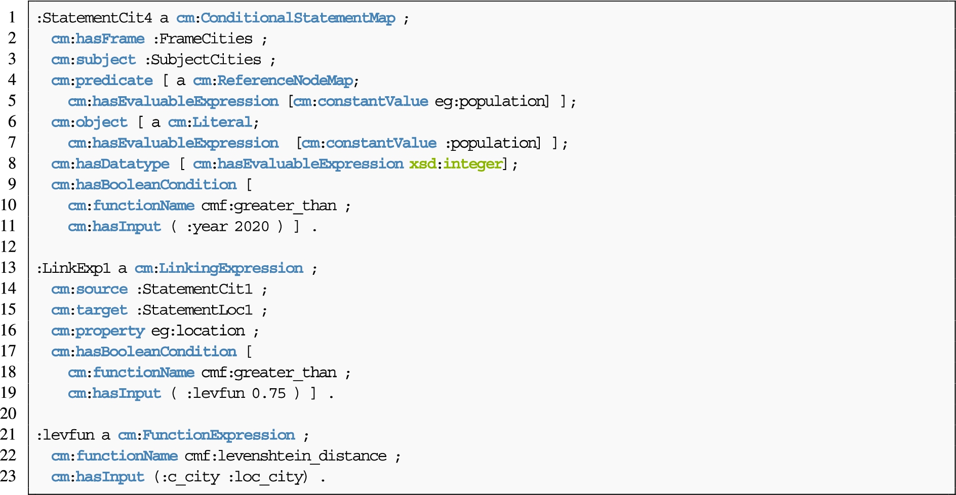 Conditional and linking rules described with the conceptual mapping that complement the data source description and regular statements described in Listing 8 and Listing 9