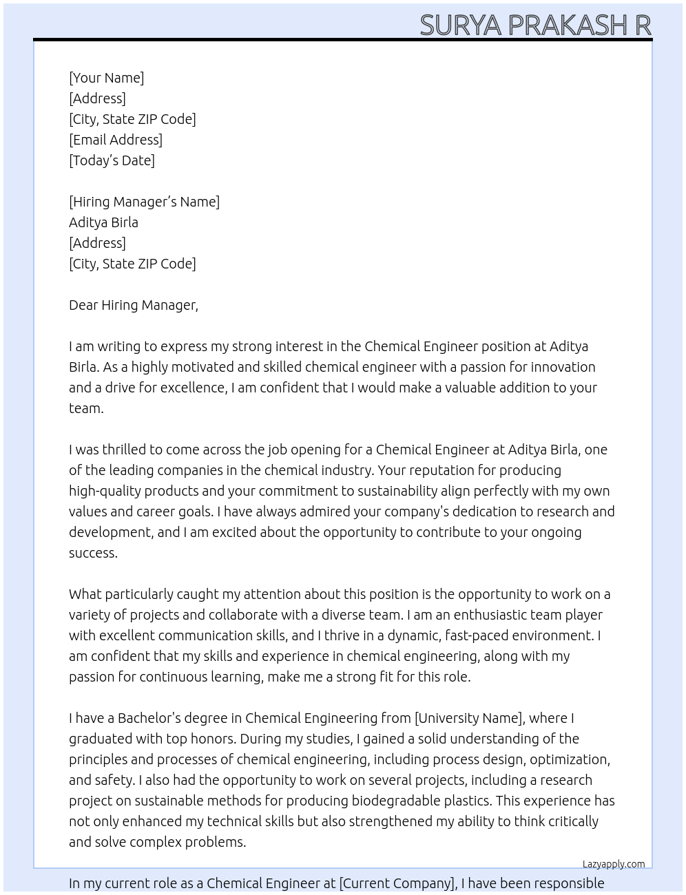 Chemical Engineer  At Aditya Birla  Cover Letter