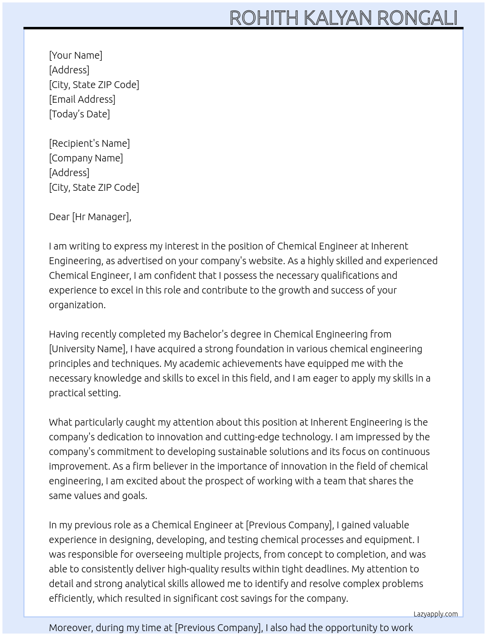 Chemical Engineer At Inherent Engineering  Cover Letter