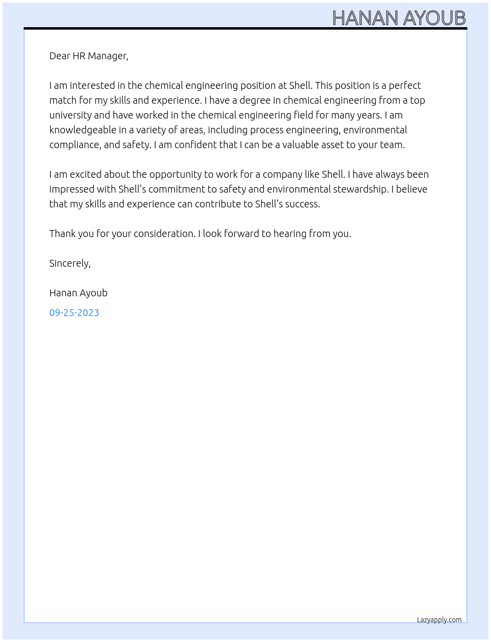 chemical engineer At shell Cover Letter