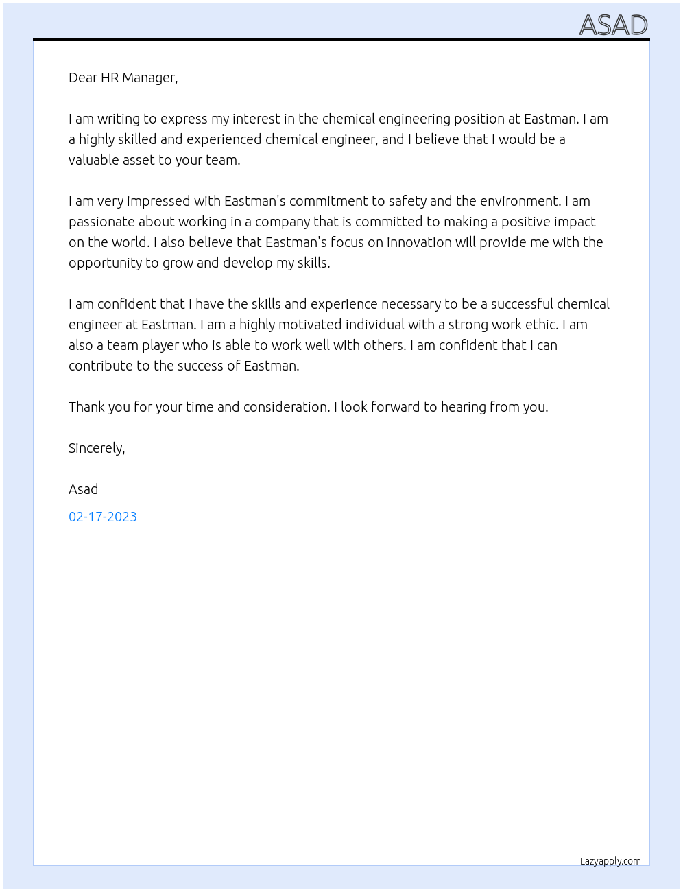 Chemical Engineer At Eastman Cover Letter