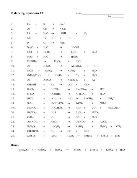 Balancing Equations Worksheet for 9th - 12th Grade | Lesson Planet