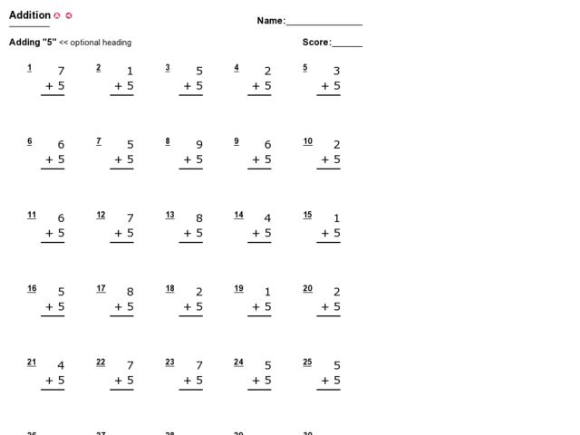 Addition: Adding 5 Worksheet for 1st Grade | Lesson Planet