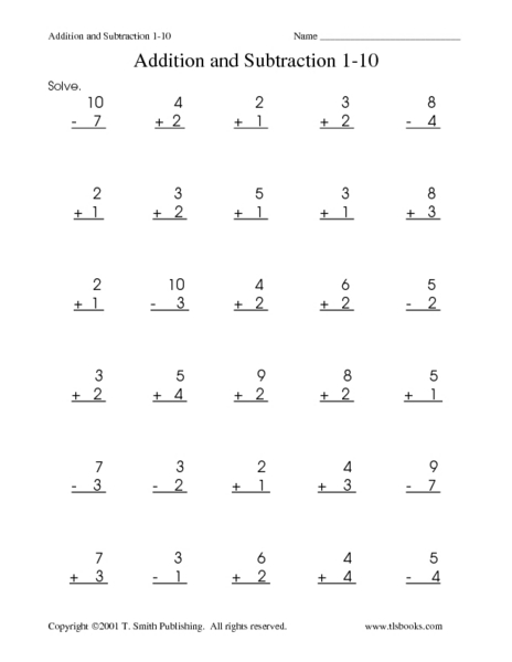 Addition And Subtraction 1-10 Worksheet for 2nd - 4th Grade | Lesson Planet