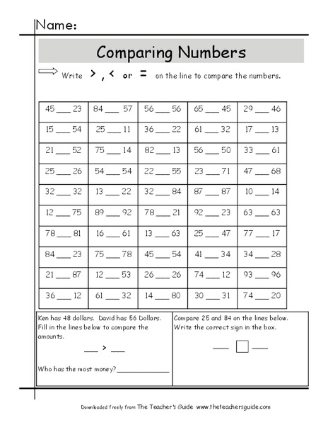 Comparing Numbers Worksheet for 2nd - 3rd Grade | Lesson Planet