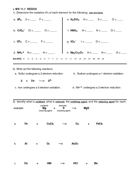 Redox Worksheet for 9th - 10th Grade | Lesson Planet