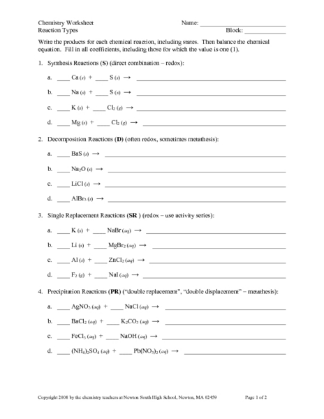 Reaction Types Worksheet for 10th - 12th Grade | Lesson Planet