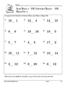 Greater Than or Less Than or Equal to 20 Worksheet for 1st - 2nd Grade ...