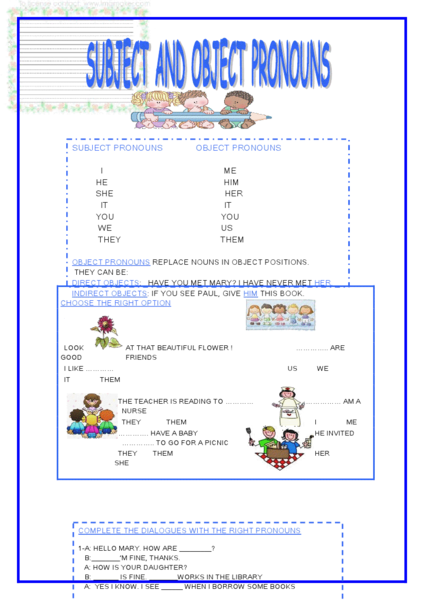 Subject and Object Pronouns Worksheet for 4th - 5th Grade | Lesson Planet