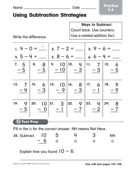 Using Subtraction Strategies 2 Worksheet for 1st - 2nd Grade | Lesson ...