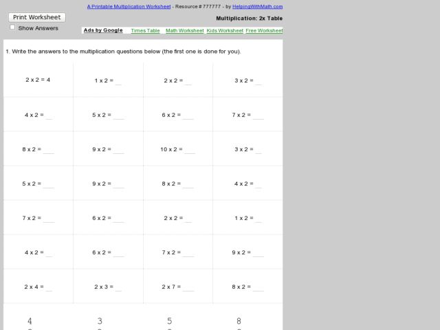 Multiplication: 2x Table Worksheet for 3rd - 4th Grade | Lesson Planet