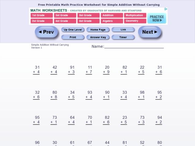 Simple Addition Without Carrying 3 Worksheet for 1st - 3rd Grade ...